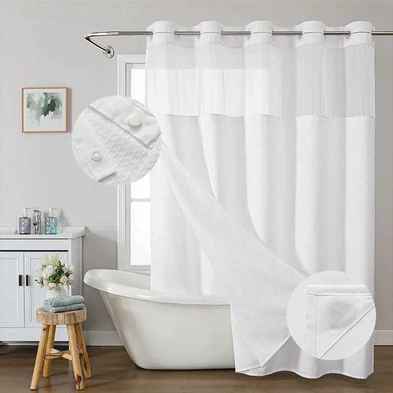 

2Layers White Shower Curtain Waterproof Fabric No Hook Waffle Weave with snap-in Liner Replacement Shower Curtain for Bathroom