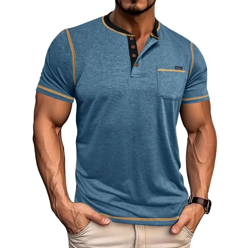 Men Khaki Henley T Shirt Contrast Trim Button Placket Short Sleeve Chest Pocket Casual Slim Fit Top