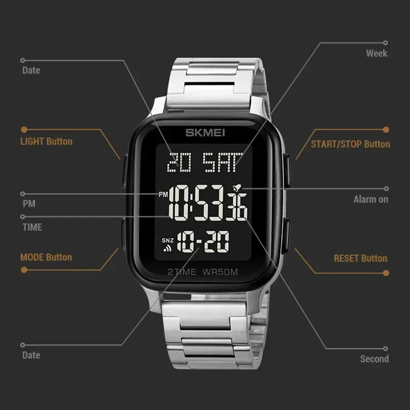 SKMEI Waterproof Leisure Business Steel LED Mens Electronic Wristwatches Clock Reloj Masculino Digital Sport Men Watch 1859 1858