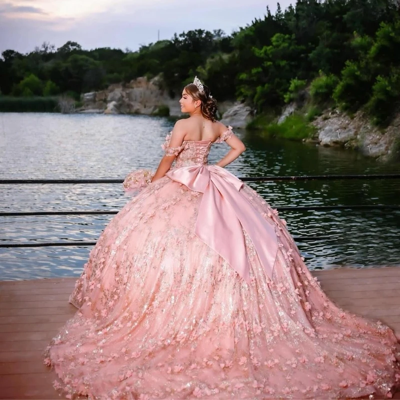 Vestido de baile con hombros descubiertos para niña, vestido de quinceañera con cuentas, flores 3D, vestidos de fiesta de cumpleaños, vestidos de graduación, dulce 16, rosa de México