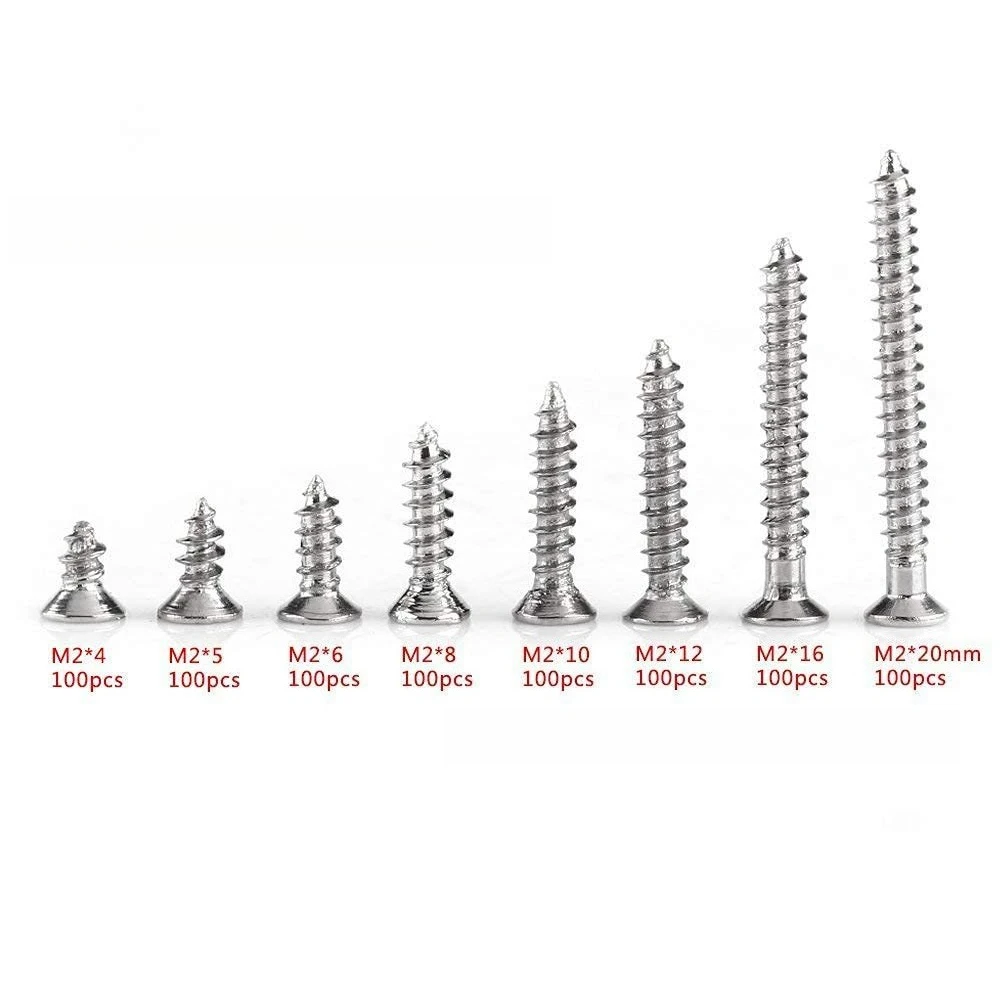 800Pcs Nickel Plated Countersunk Head Screws M2×4-20mm Carbon Steel Phillips Self Tapping Set