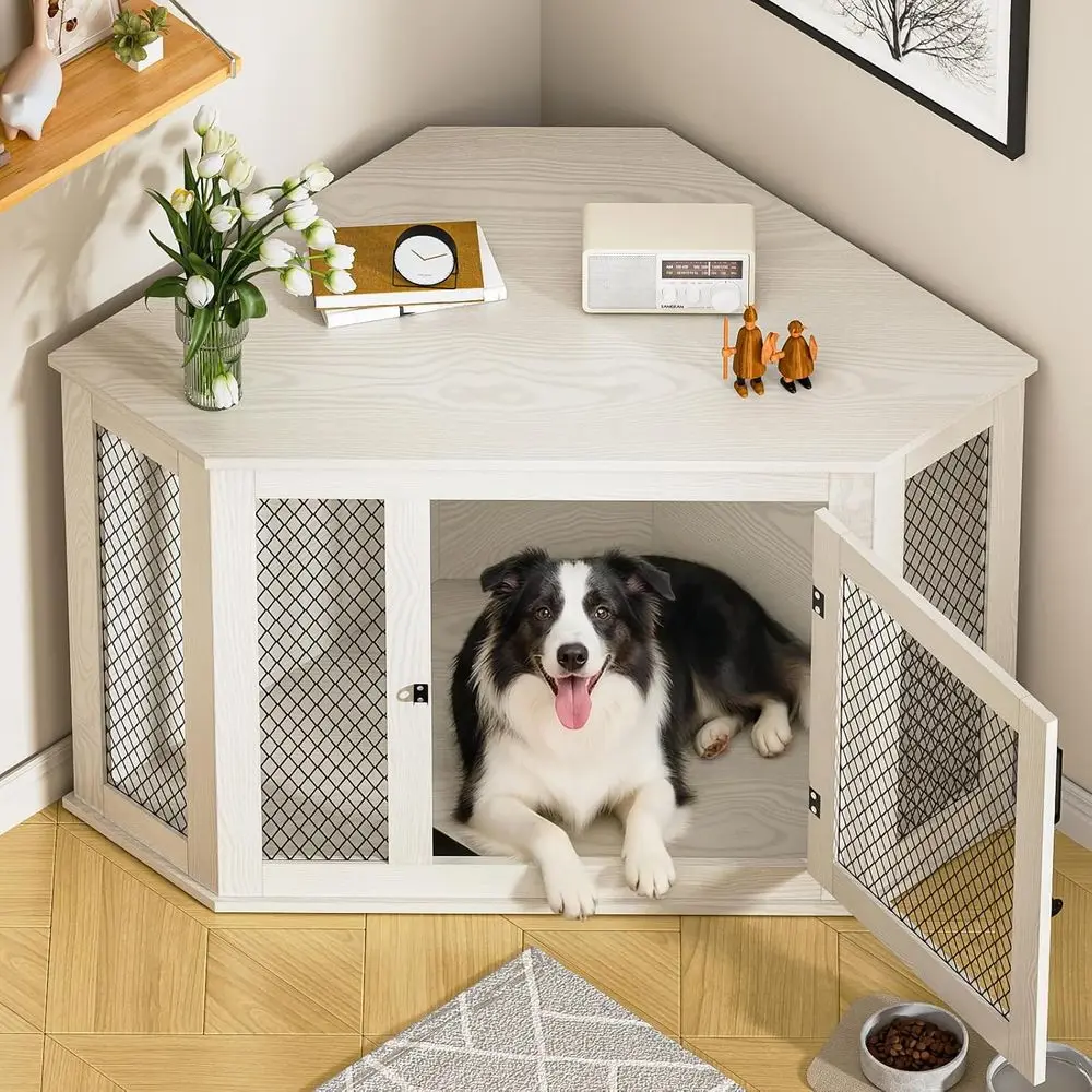 

52 Inch Wooden Dog Crate with Mesh, Side Table Style, Suitable for Small to Medium Dogs, White
