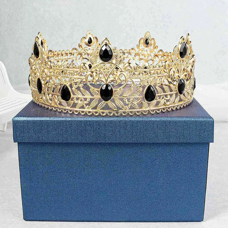 2X King Crown For Men, Birthday Crowns For Men Boys Vintage Royal Crown With Black Rhinestone,