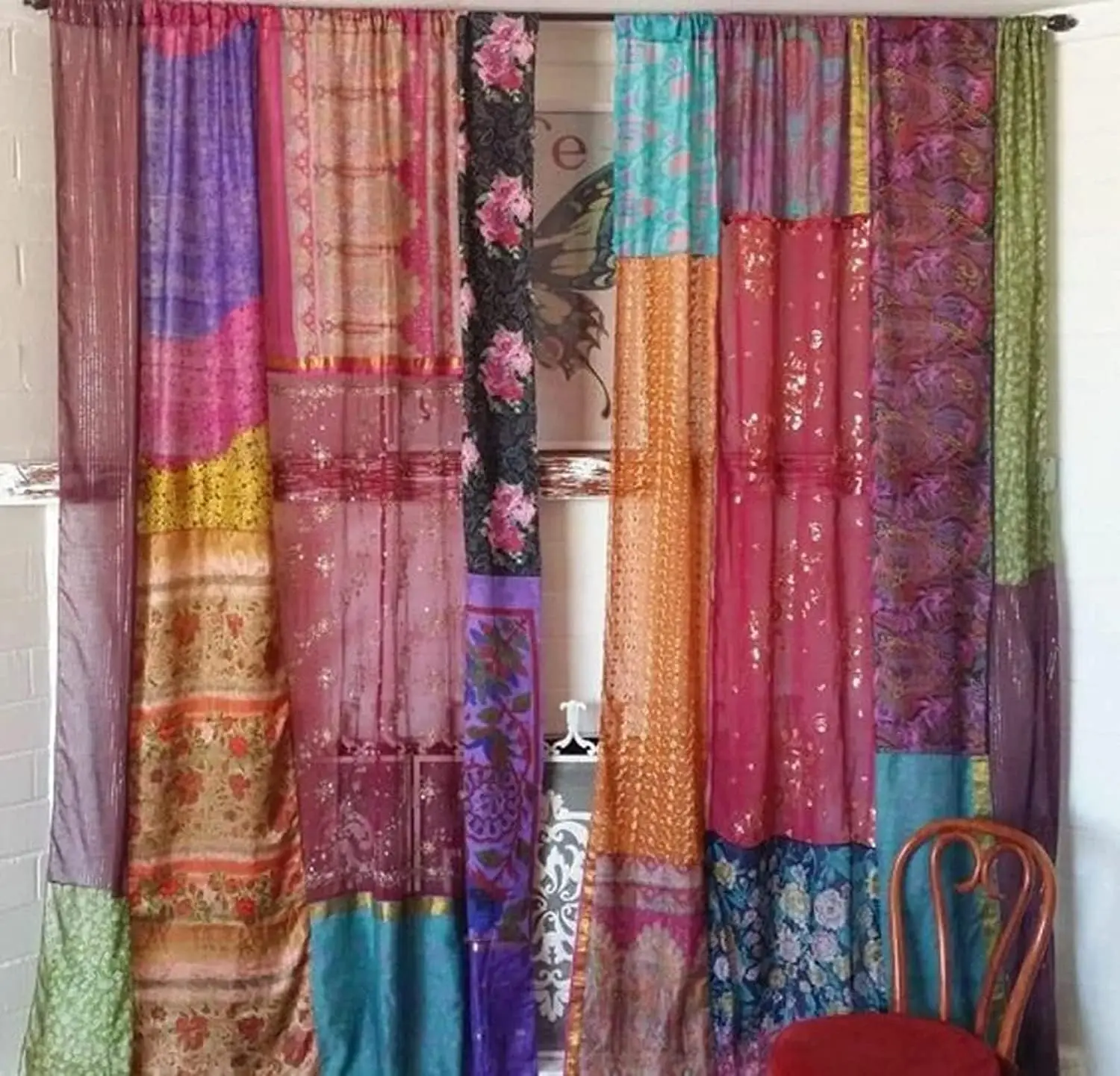 Boho Patchwork Curtains Colorful Vintage Silk Sari Style for Living Room Window Decor