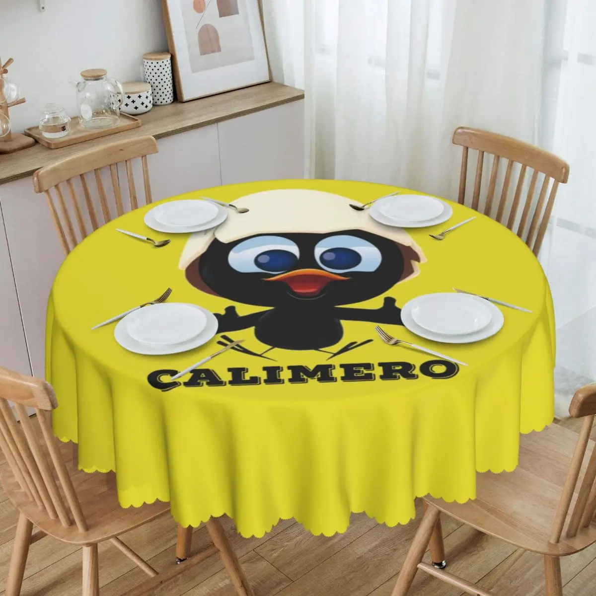 

Round Cute Cartoon Chiken Calimero Table Cloth Oilproof Tablecloth 60 inches Table Cover for Kitchen Dinning