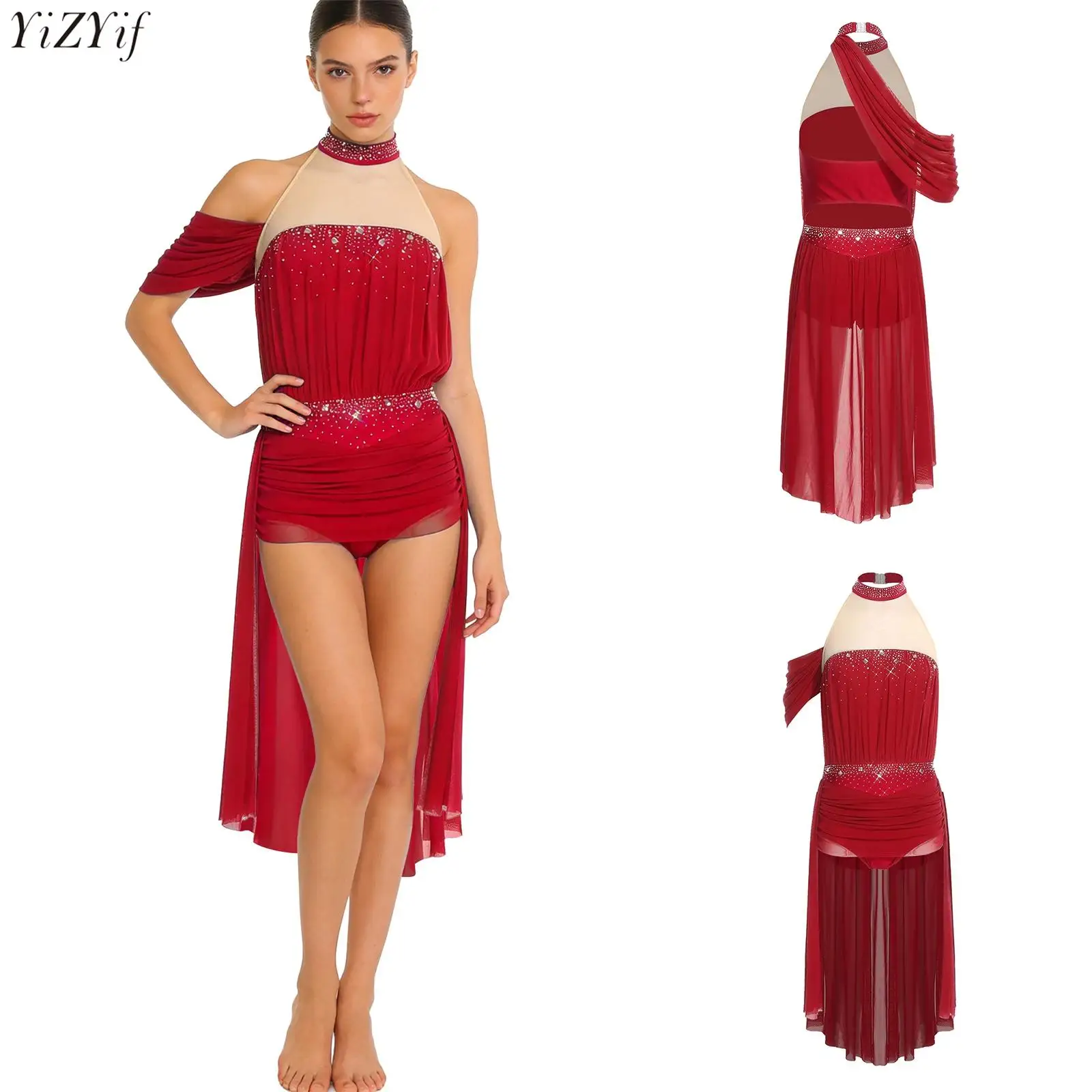 Womens Latin Tango Dance Dress Halter Backless Rhinestoned Ruched Mesh Irregular Hem Leotard Dress for Practice Performance