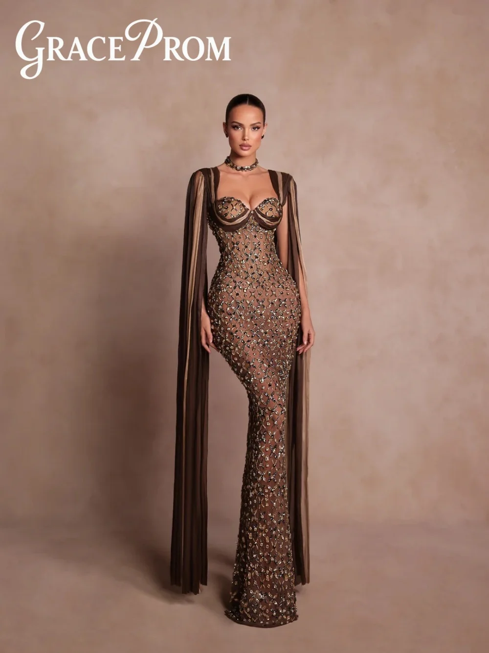 

GraceProm Opulent Nude Evening Dress 2026 Crystal-Embellished Carpet Gown Fashionable A-Line Floor-Length Party Gown فساتين سهرة
