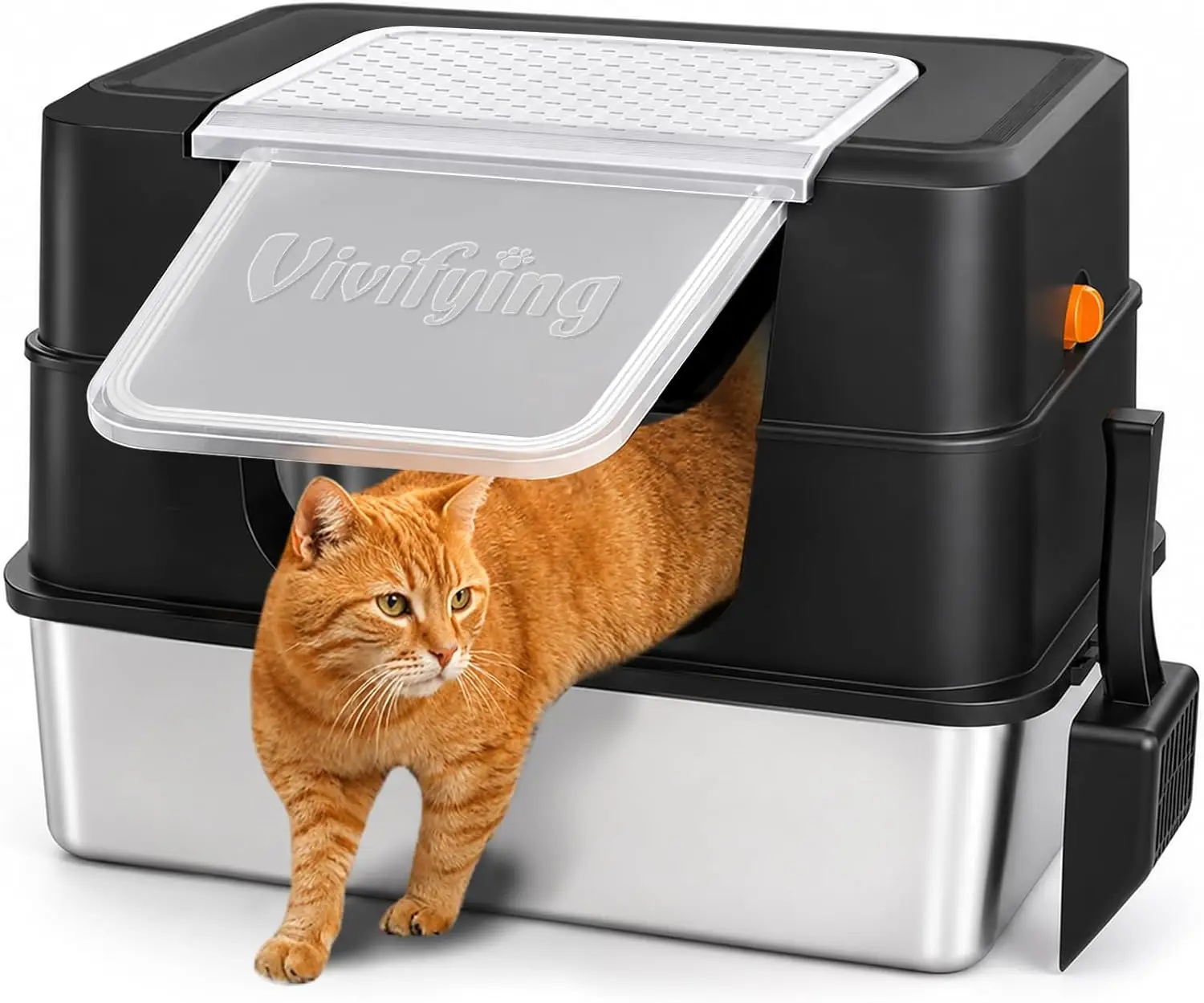 Extra Large Cat Litter Box with Cover and Side Entry  Black Stainless Steel