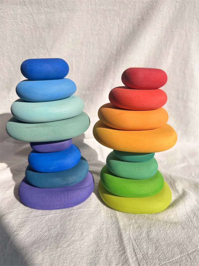 Wooden Toys Pine Rainbow Stacking Balance Stones Building Blocks Beech Pastel Gems for Kids Educational Play