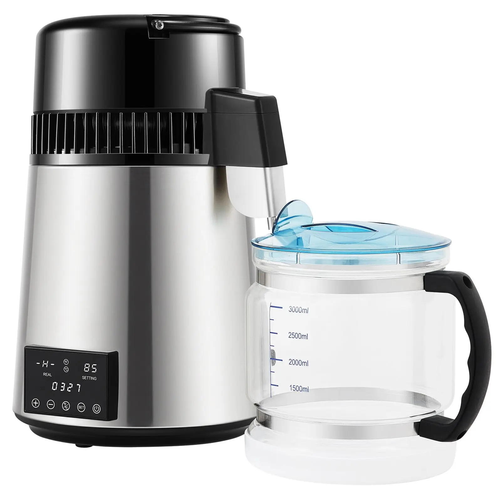 1.1Gal Water Distiller, 0.3Gal/H, 750W Distilled Maker Machine 0-99H Timing Dual Temp Display, 304 Stainless Steel Countertop