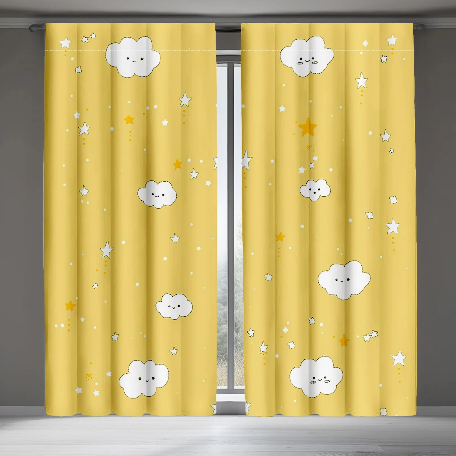 

2D FLAT 2pcs Curtains Clouds Stars Yellow Sky Pattern Perfect for Balcony, Bedroom, Study, Living Room, Suitable for Spring & Su