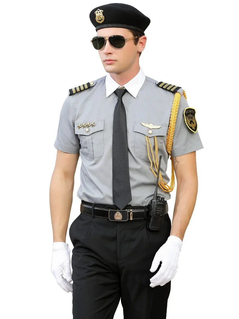 

New Fashion Brand Security Work Uniform Set Gray Striped Short-sleeved Shirts Men High Quality Business Casual Long Sleeve Shirt