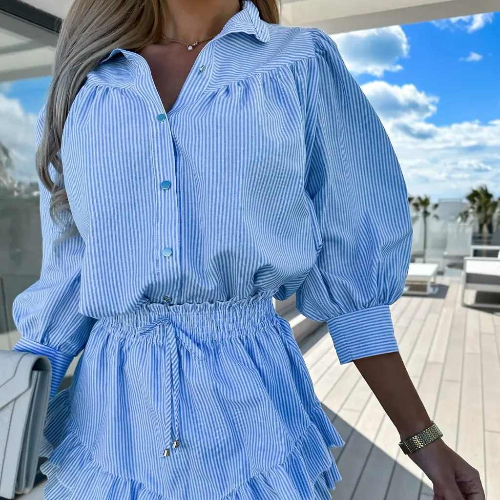 

Women's Casual Fashion Striped Shirt Skirt Set European American Style Independent Station New