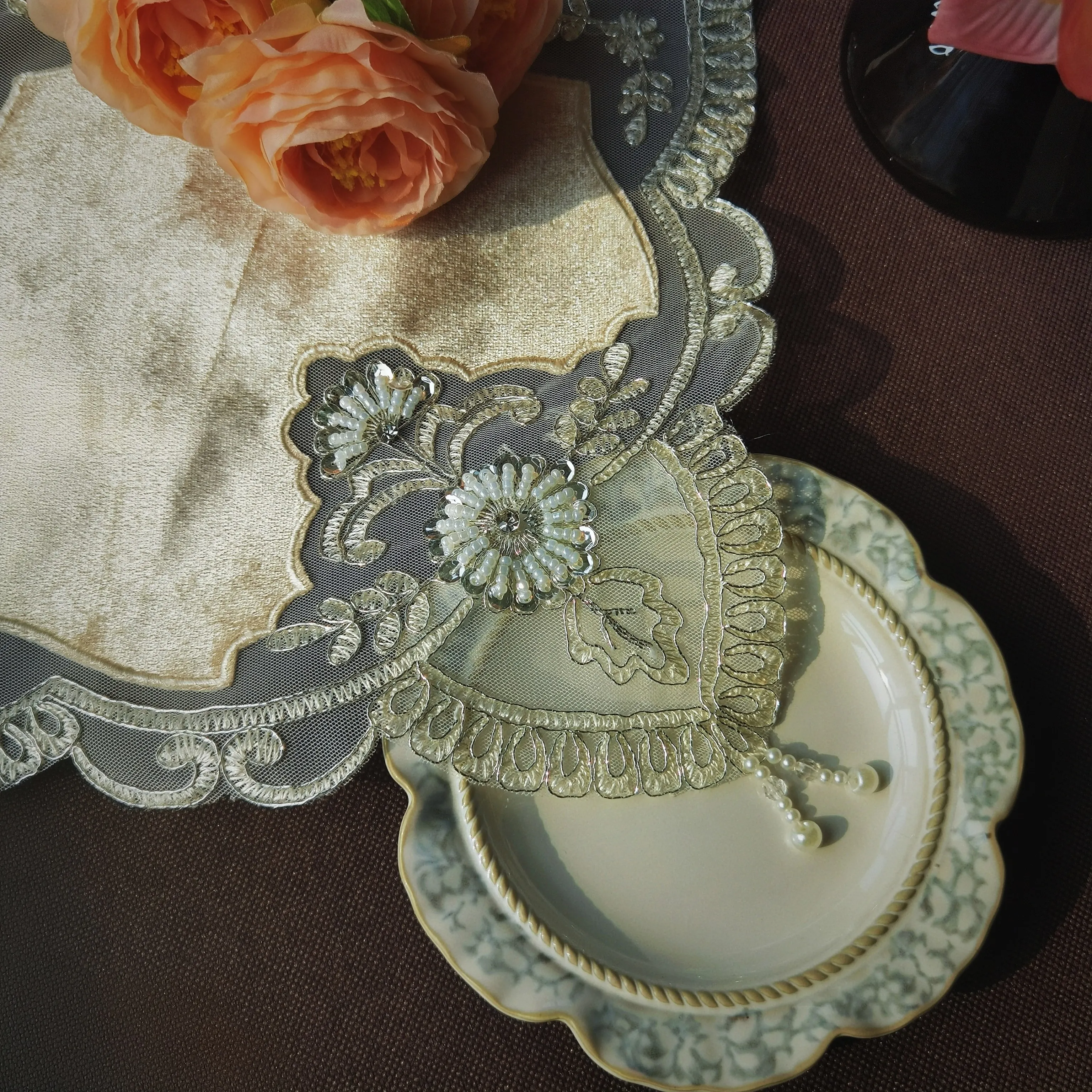Individual Placemat Luxury Golden Dining Table Mat Coasters For Cups Vintage Beaded Table Mat Dining Table Center Decor view 6