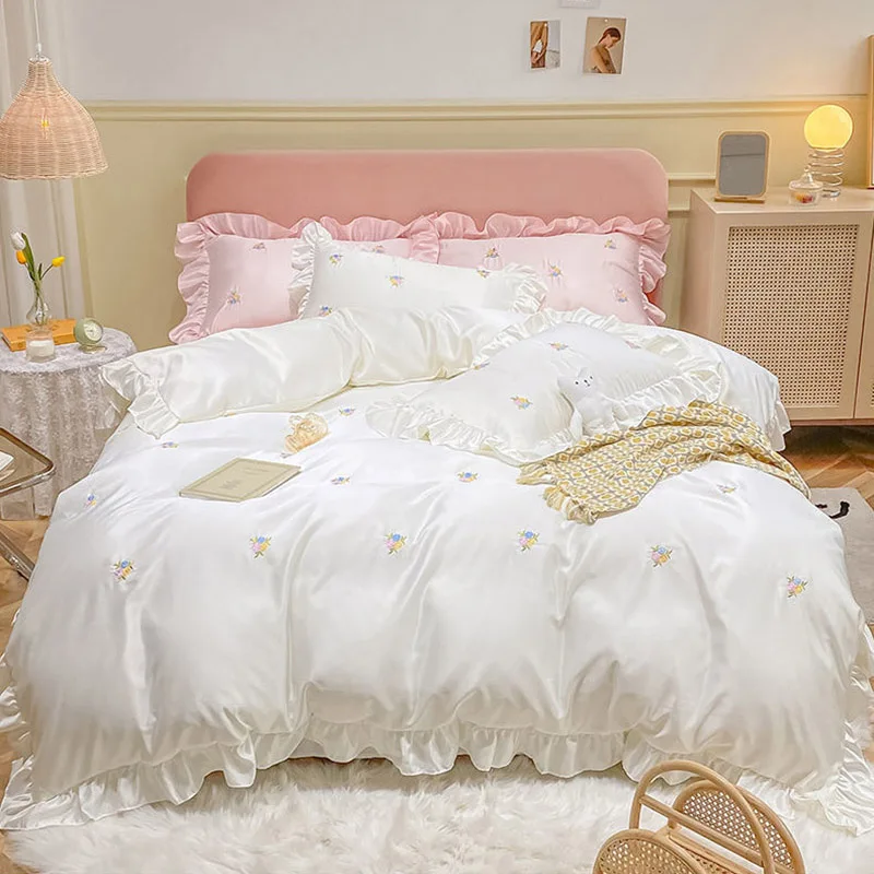 JUSTCHIC 4PCS Spring Summer Luxury Duvet Cover Bedding Set Queen Size Bedsheet Pillowcase White Pink Quilt Cover Fitted Sheet