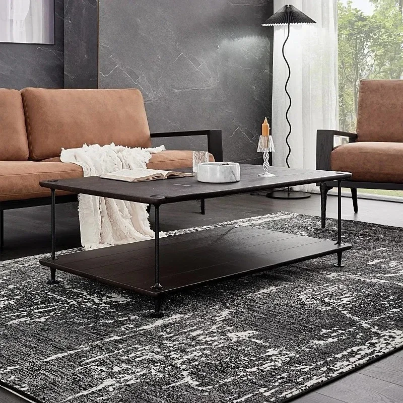 Yjq Oak Double Rectangular Solid Wood Tea Table Golden and Black Vintage Cast Iron Craft Expression Furniture