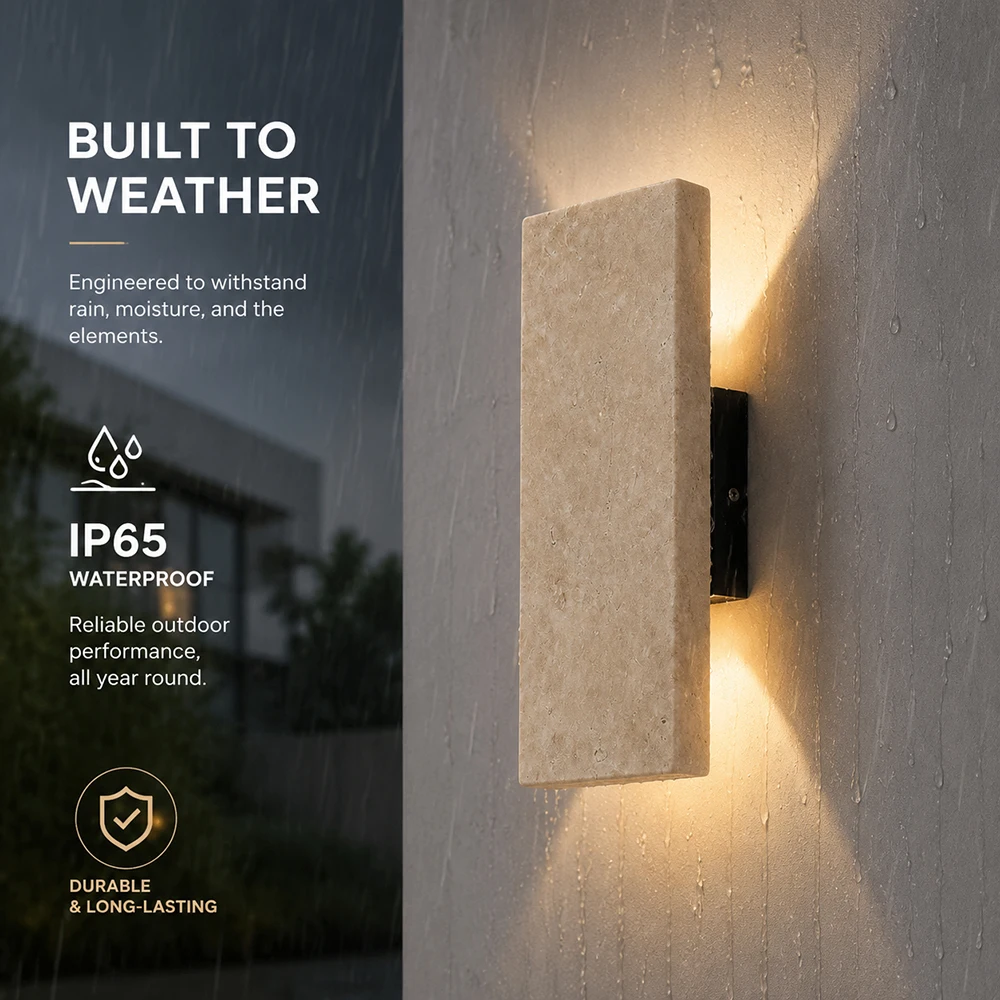 Natural Yellow Travertine LED Outdoor Wall Sconce IP65 Waterproof Up Down Exterior Light Lamp for Villa Garden Front Door