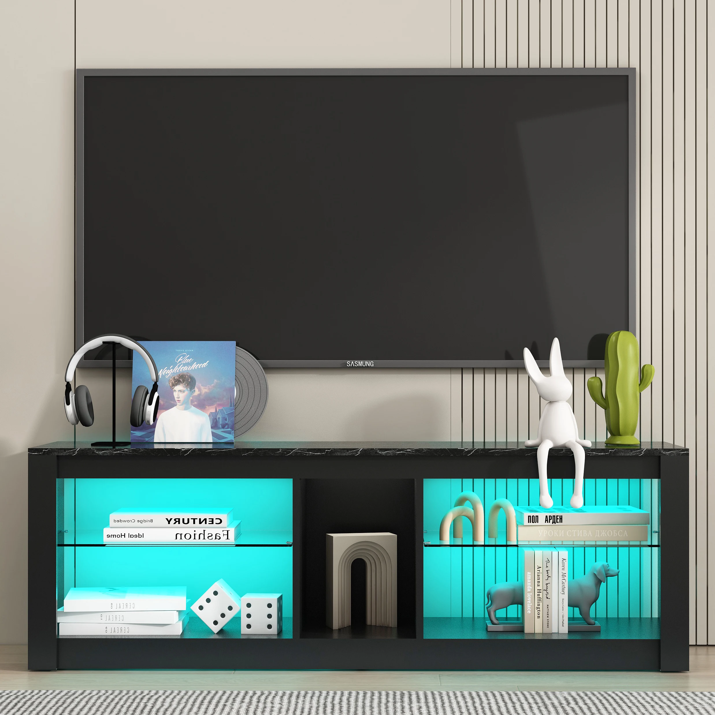 Elegant modern design Black TV cabinet 140x35x47 cm - with LED lighting