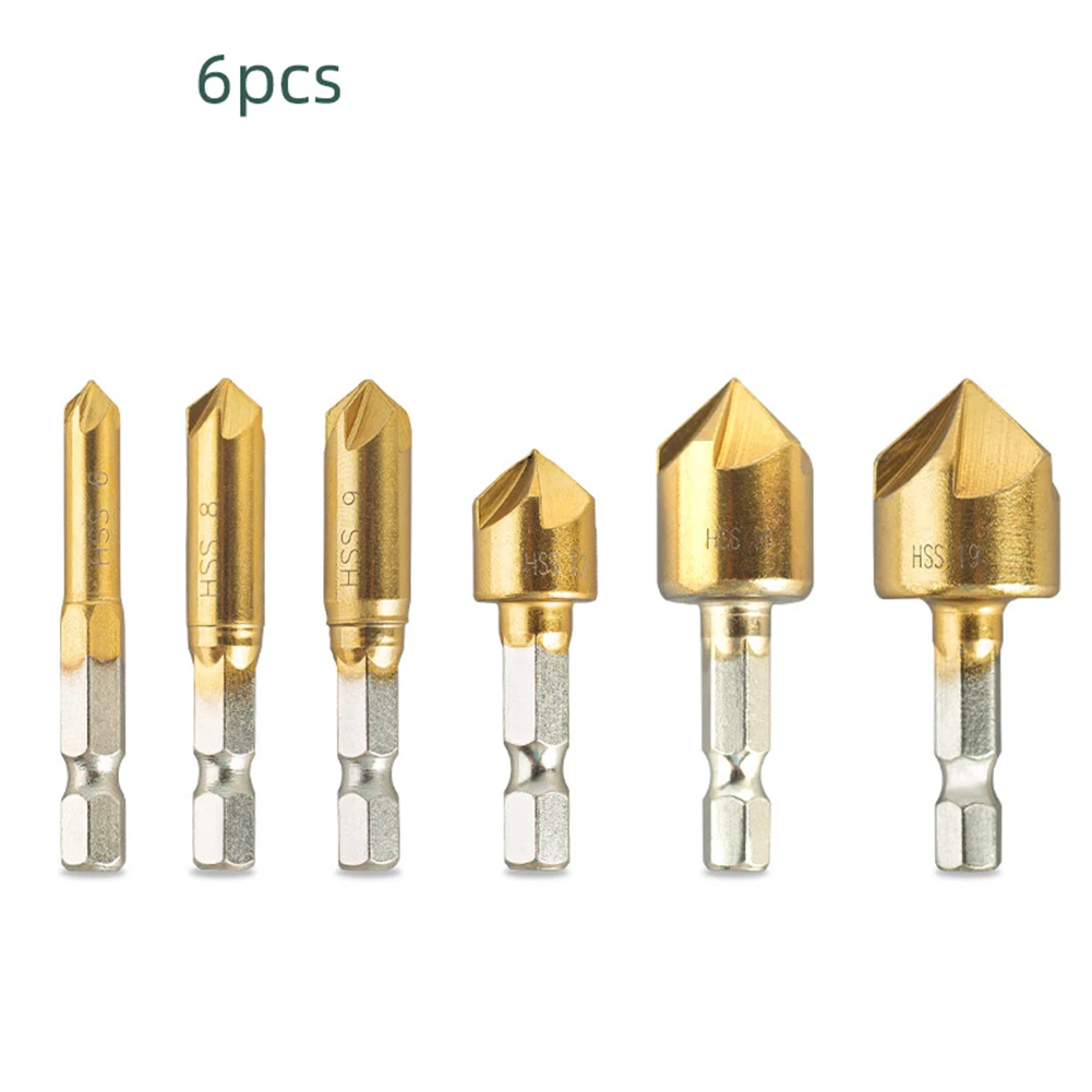 6PCS 5 Flute Counter Sink Drill Bit Hex Shank Wood Chamfering Cutter 90 Degree High Speed Steels Punch Hand Tool