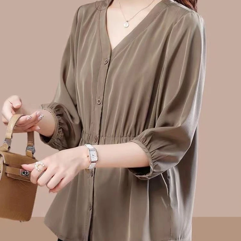 Oversized Three-quarter Sleeved Waistband Chiffon Shirt for Women\'s Spring Summer New Loose Covering Belly Slimming Trendy Top