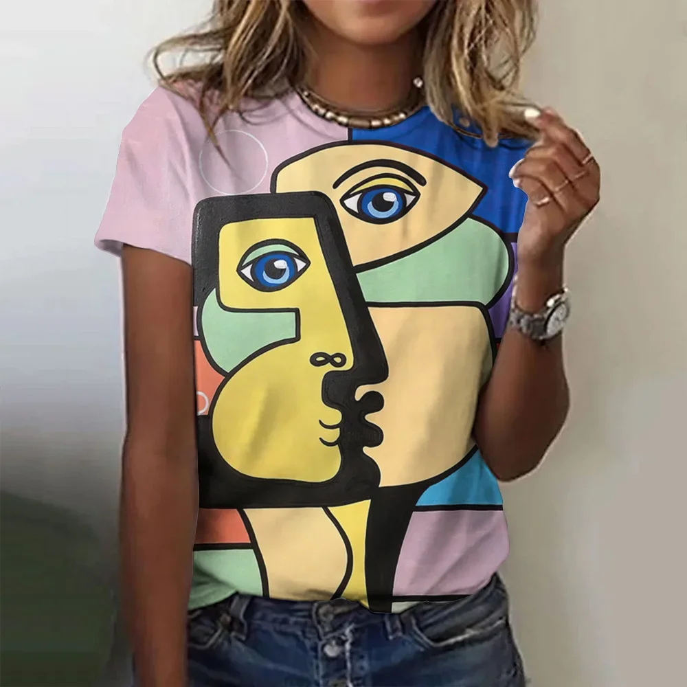 Camiseta con estampado de grafiti para mujer, Tops de manga corta con cuello redondo, Top de gran tamaño, ropa Y2k