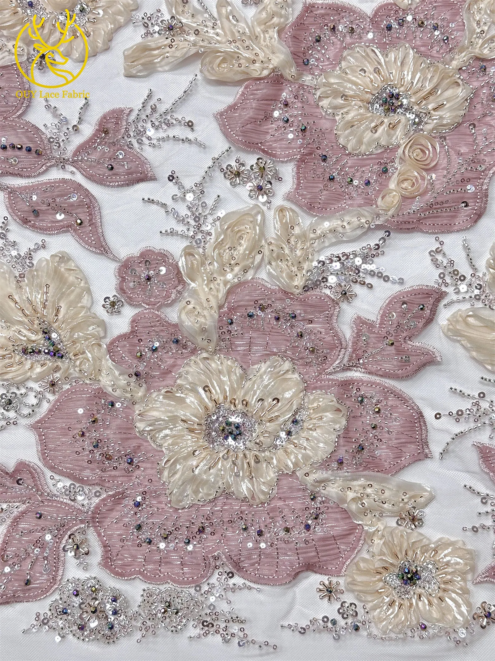 Marineblauer, wunderschöner afrikanischer Spitzenstoff mit Perlen und Pailletten, 3D-Blume, nigerianischer hochwertiger Tüll-Mesh-Spitzenstoff für Ballkleider, 5Y – Detail 8