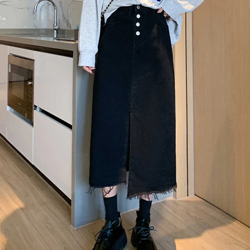 

Women's Slit Denim Skirts Spring Autumn Oversized High Waist Mid Length Jeans Skirts Female Slim A-line Skirt S-3xl