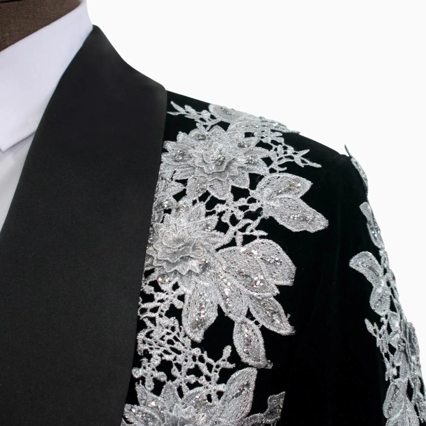 Black Men Suits Set 2 Pcs Blazer+Pant Trousers Crystals Flower Wedding Tuxedos Cotton Formal Office Groom Prom Coat Jacket