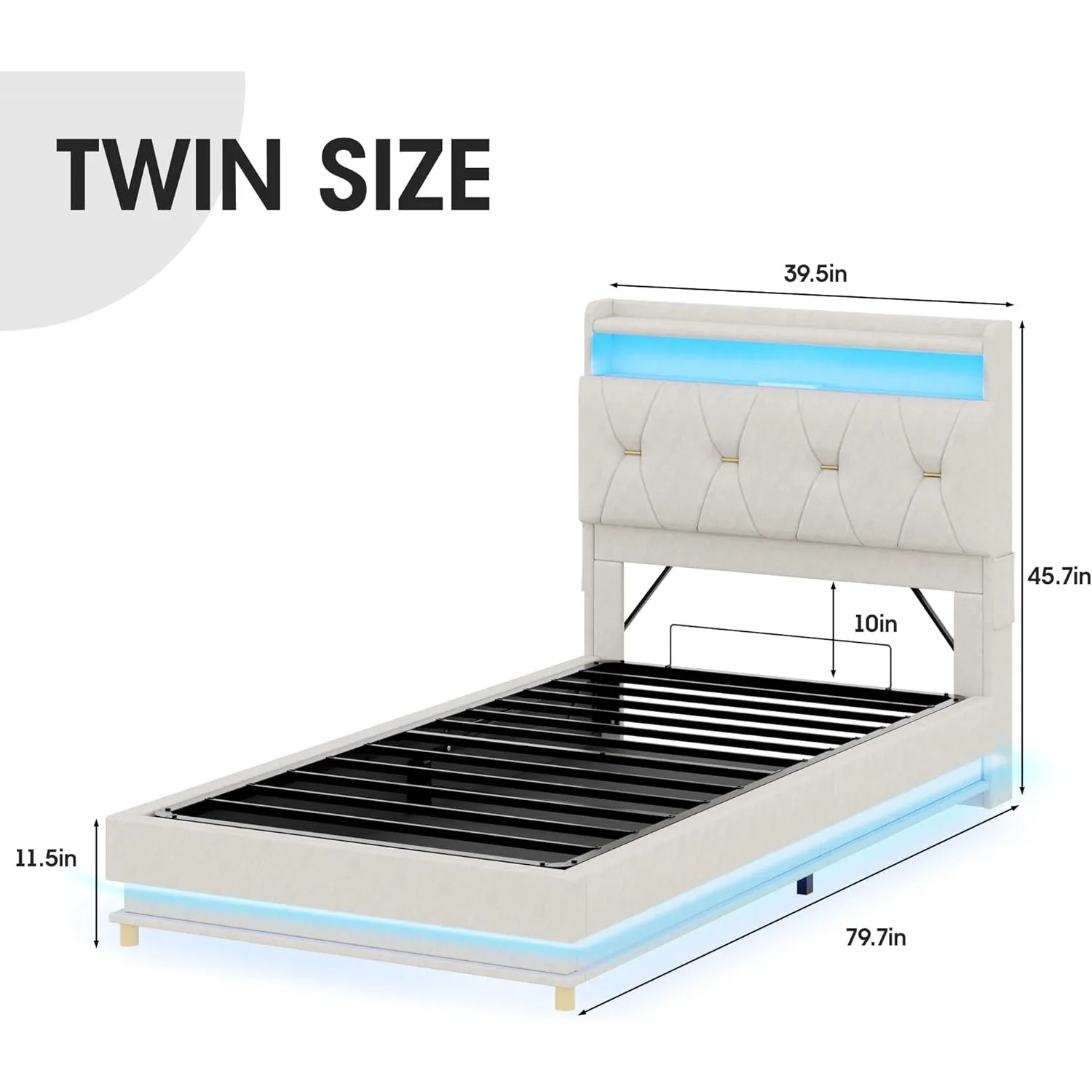 Twin Size Lift Up Bed Frame, Storage Headboard with Charging Station, LED Lights Upholstered Platform Bed, No Box Spring Needed image 3