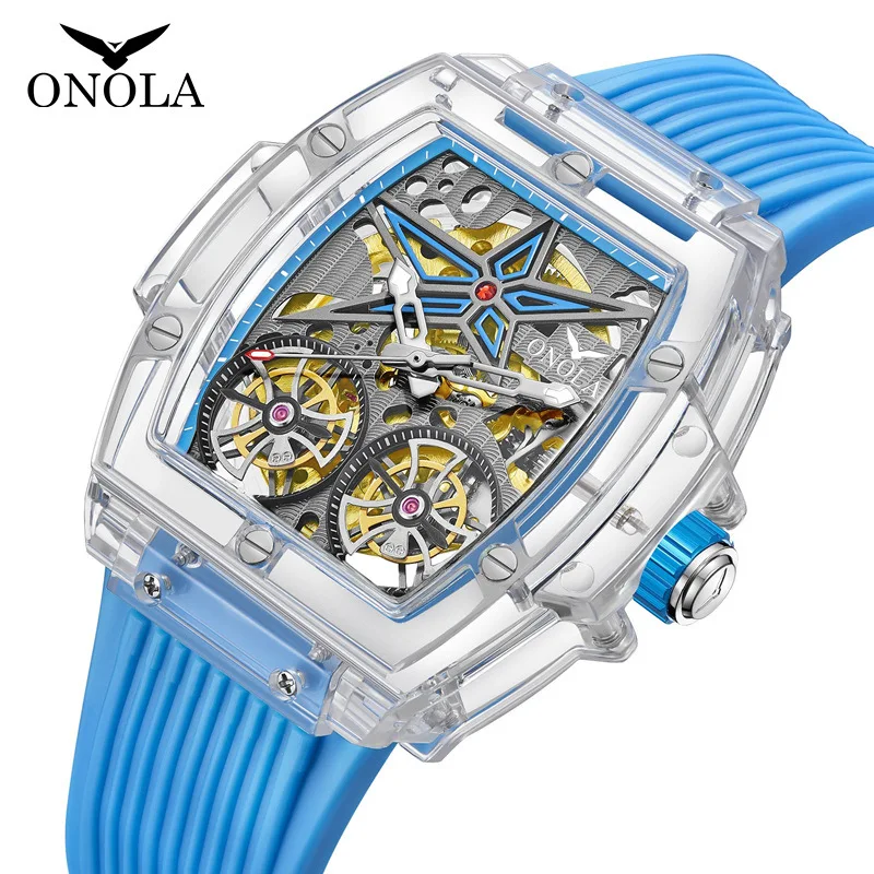 ONOLA 6826 Wine Barrel Type Double Flying Wheel Fully Automatic Mechanical Watch Men Silicone Tape Waterproof Watches for Man