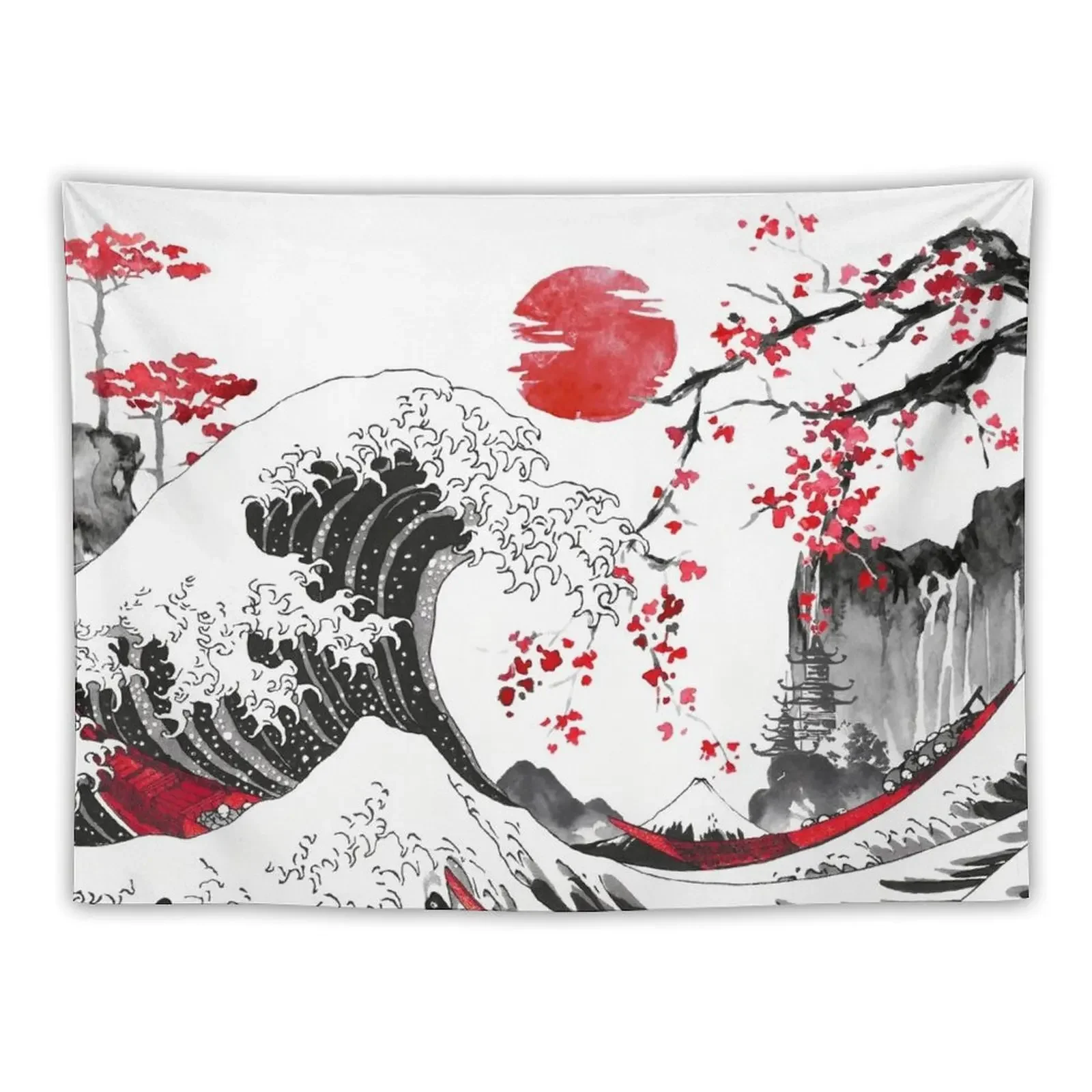 The Great Wave by Hokusai Sumi-e Art Ink Watercolor Painting Japanese Art Black Red Tapestry For Bedroom Tapestry