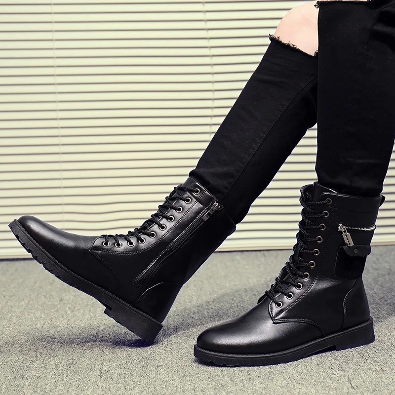 Men's High-top Boots Fashion Motorcycle Boots Metal Side Zip Leather Boot Plush Warm Winter Boots for Men Casual Business Botas - Image 5