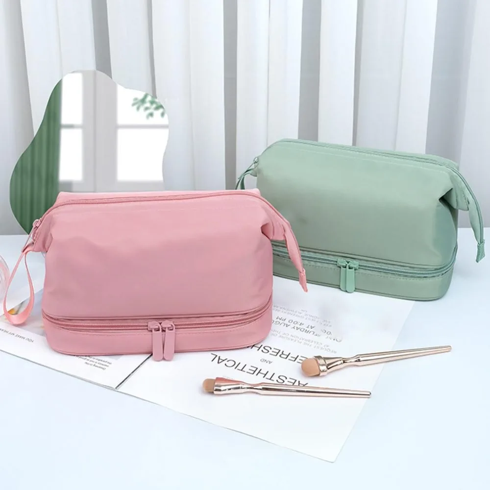 

Double Layer Makeup Bag Large Capacity Waterproof Skincare Storage Bag with Brush Organizer Soft Portable Wash Bag