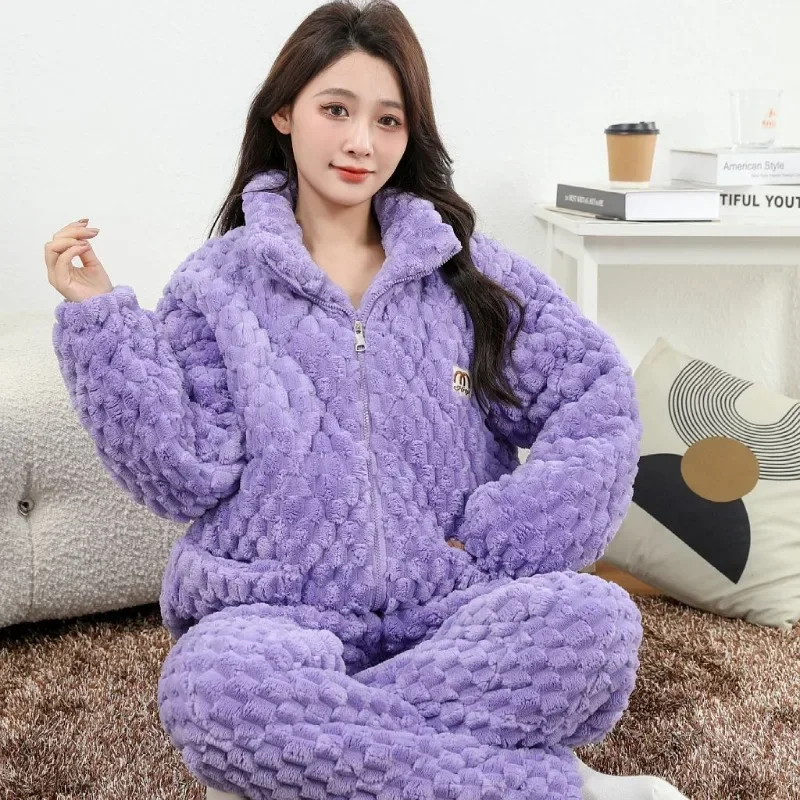 Winter Female Pajamas Women Thickened Plush Loungewear Coral Velvet Warm Three-layer Sleepwear Cotton Fashion Flannel Homewear