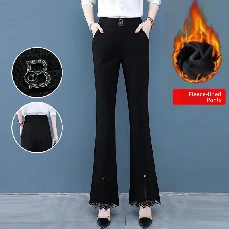 

plus Size High Waist Fce Lined Thiened Micro Flared Pants Women's Autumn Winter Faion Korean Sle Bell Bot Long Tr...