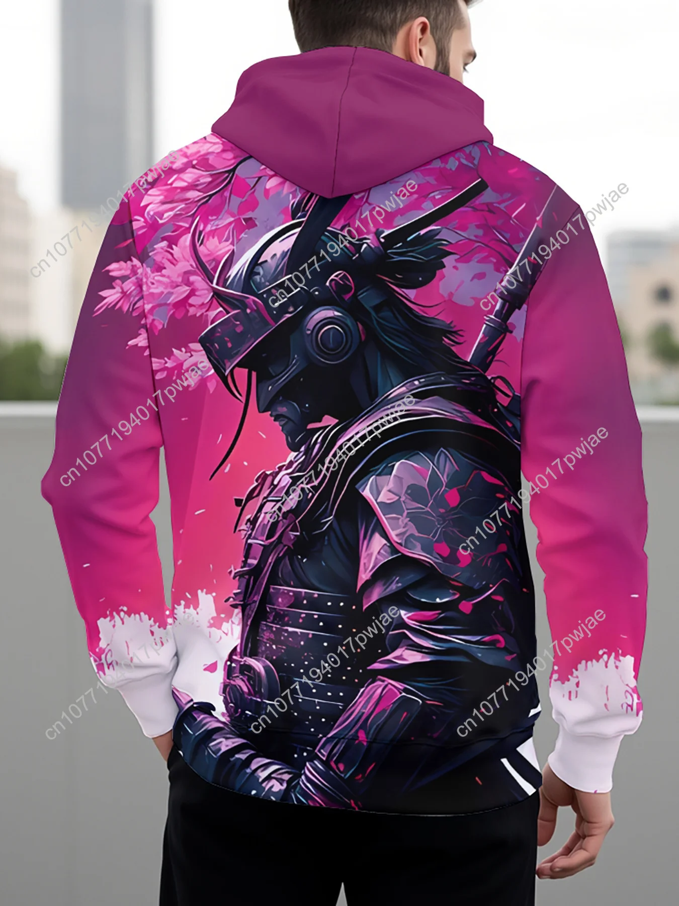Elegante felpa con cappuccio da uomo con stampa 3D Samurai e fiori di ciliegio con tasca a marsupio - Pullover casual per la primavera e l'autunno, lavabile in lavatrice