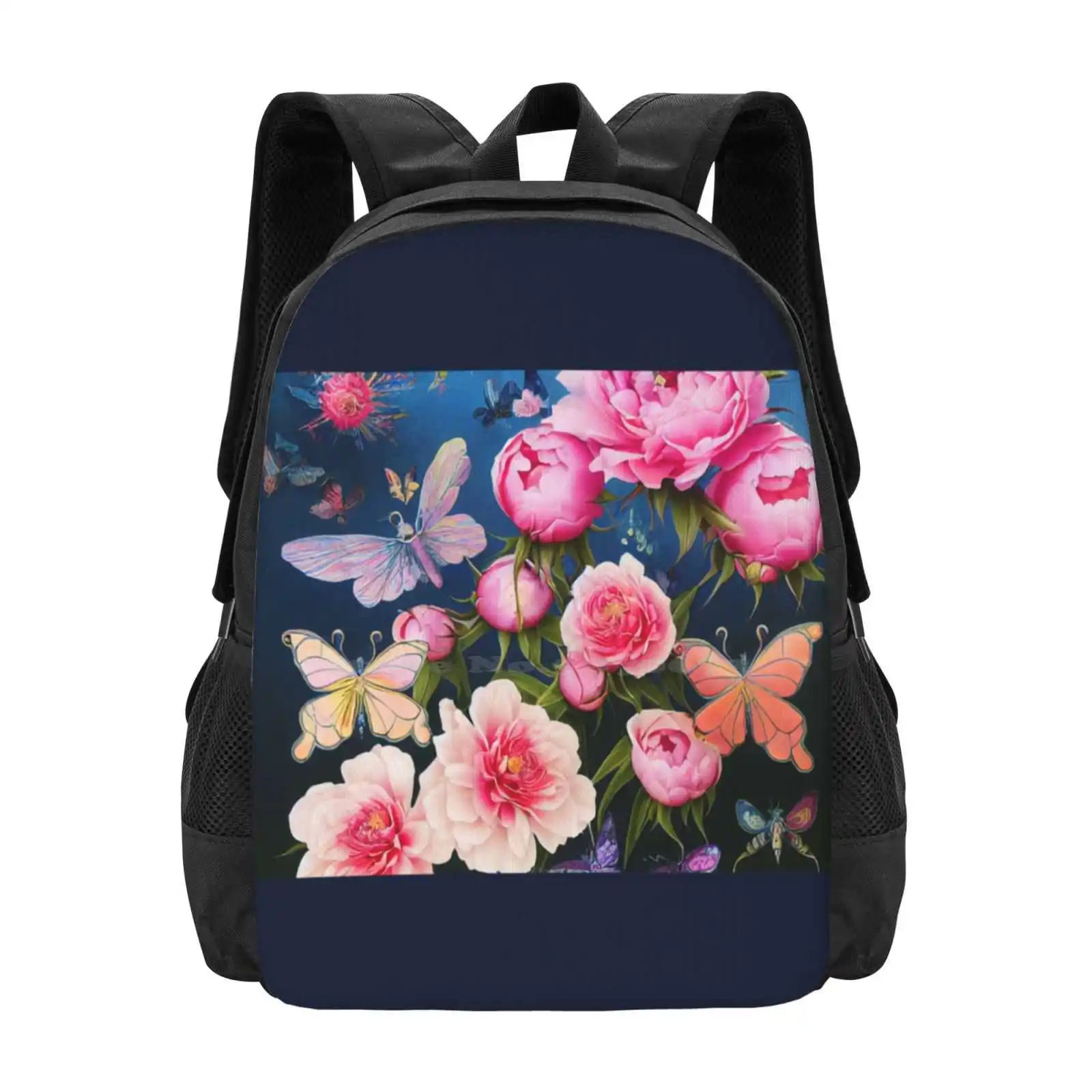 Butterflies And Pink Peonies 3d Print Design Backpack Student Bag Butterflies Flowers Pink Poenies