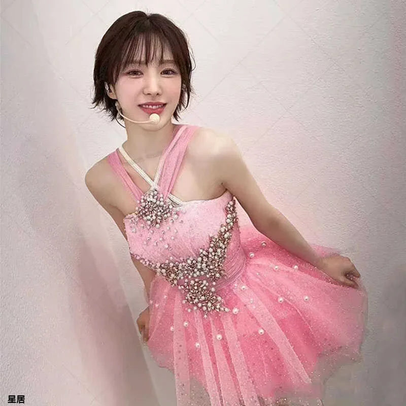 Neue Jazz Dance Kleidung Kpop Rosa Neckholder Kleid Nachtclub Sängerin Bühne Kostüme Koreanische Frauen Gruppe Festival Rave Outfits