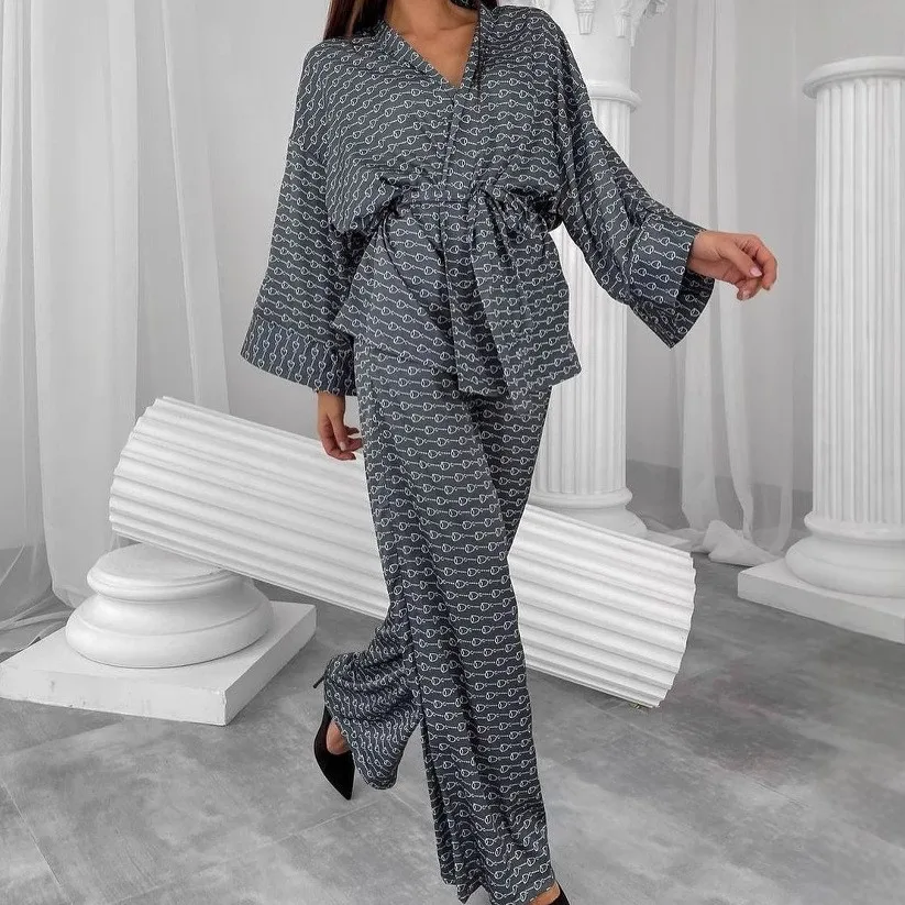 Two Set Tie Belt Pants European and American Style with Thin Full Length Pants No Collar Hotel Bathrobe Alternative for Women