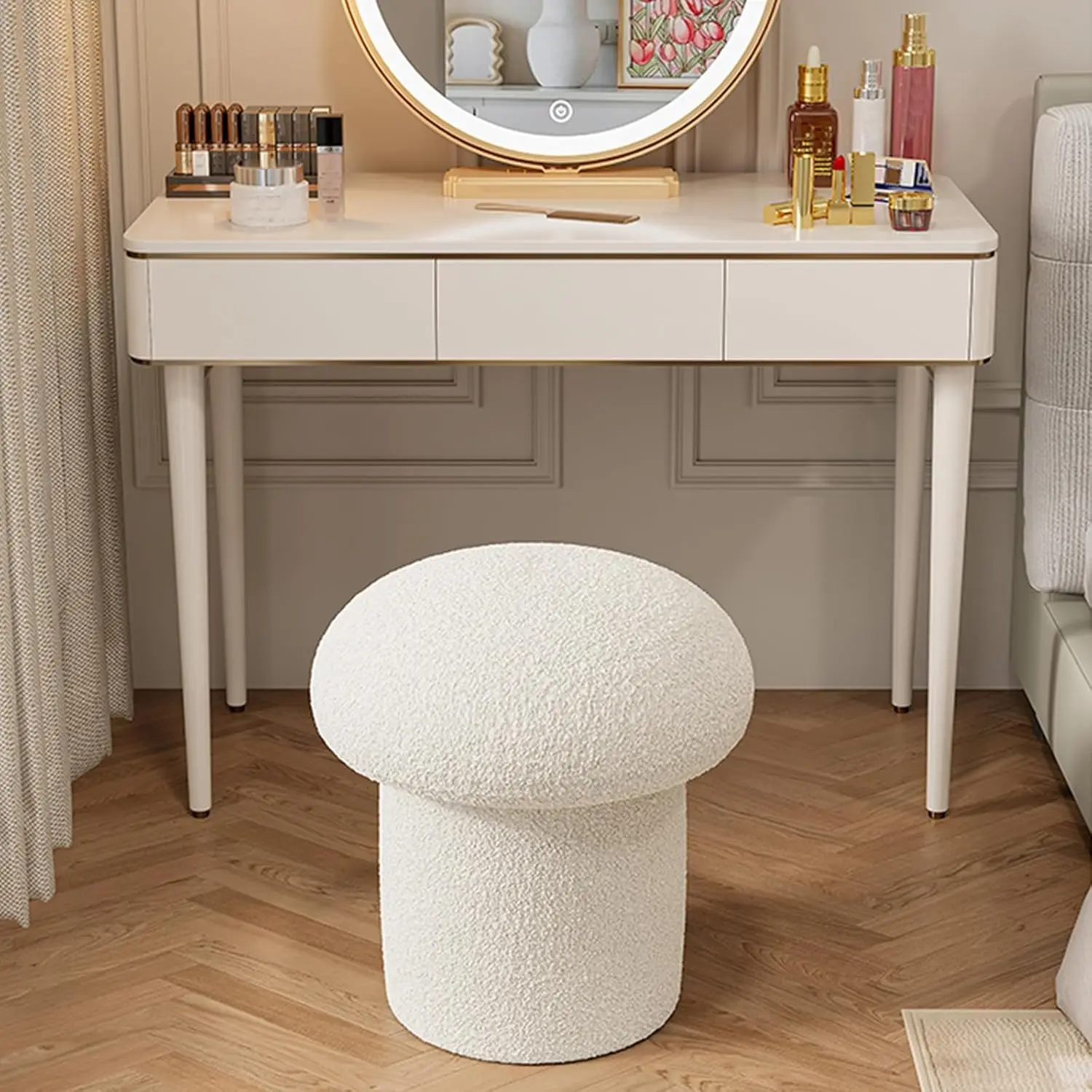 Repose-pieds rond flou mignon pour chambre à coucher, tabouret doux et confortable pour salon, canapé, chevet, porte