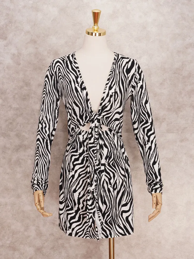 Sexy Zebra Print Bandage Shirt Dress Women V-Neck Outwear Female Long Sleeve Autumn Beachwear Women Printed Shirts Dress A1531