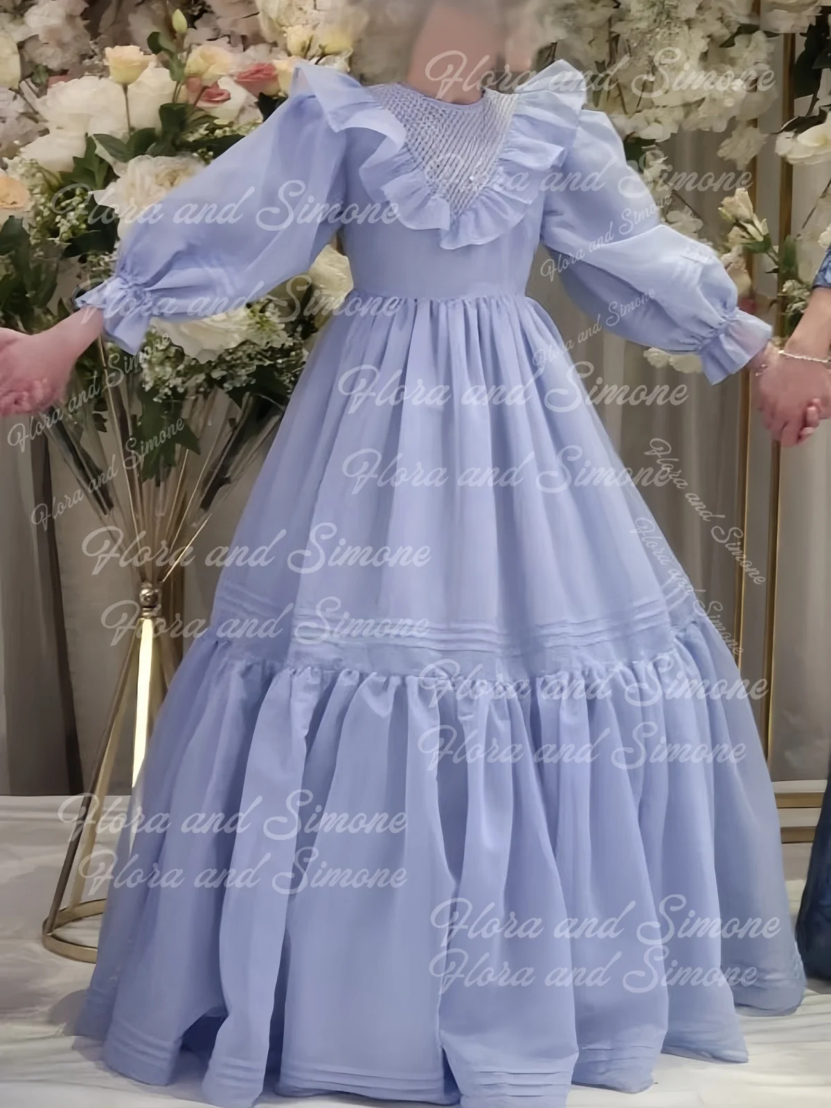 Customized Princess O Neck Pleat Puff Sleeve A Line Flower Girl Dress Floor Length Formal Elegant Classic First Communion Gown