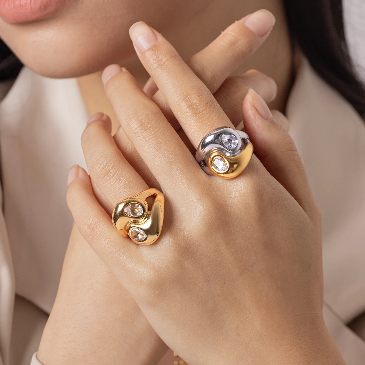 18K Gold Plated Stainless Steel Ring For Women Two Tone Chunky Crystal Irregular Hypoallergenic Tarnish Resistant Daily Jewely