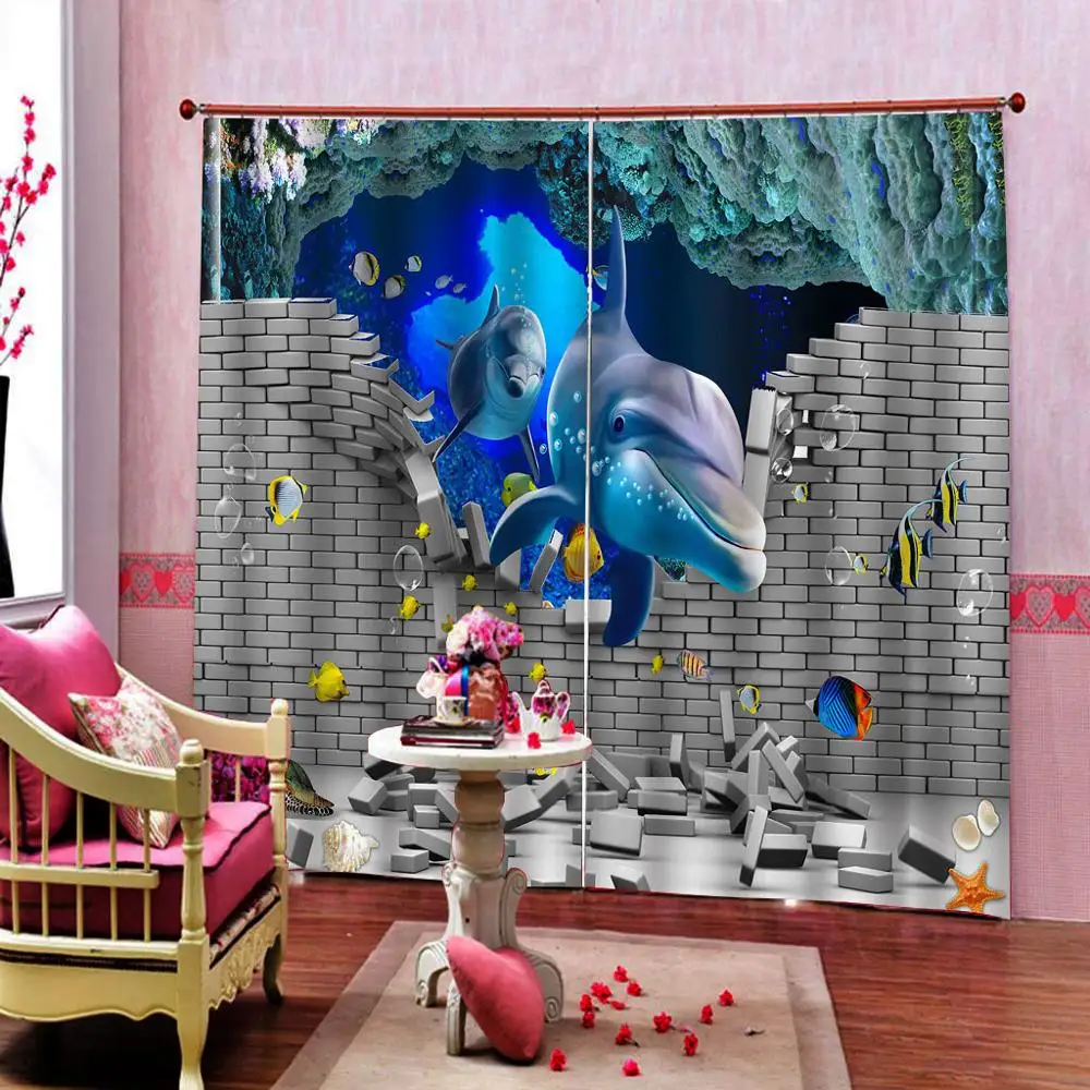 High quality custom 3d curtain fabric Sliver brick curtains ocean dolphin curtain