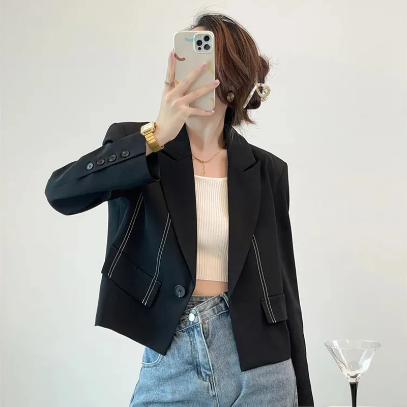 Korean Cropped Blazers Women Autumn Chic Solid Color Single-Button Outwear Woman Elegant Long Sleeve Office Ladies Suit Jacket