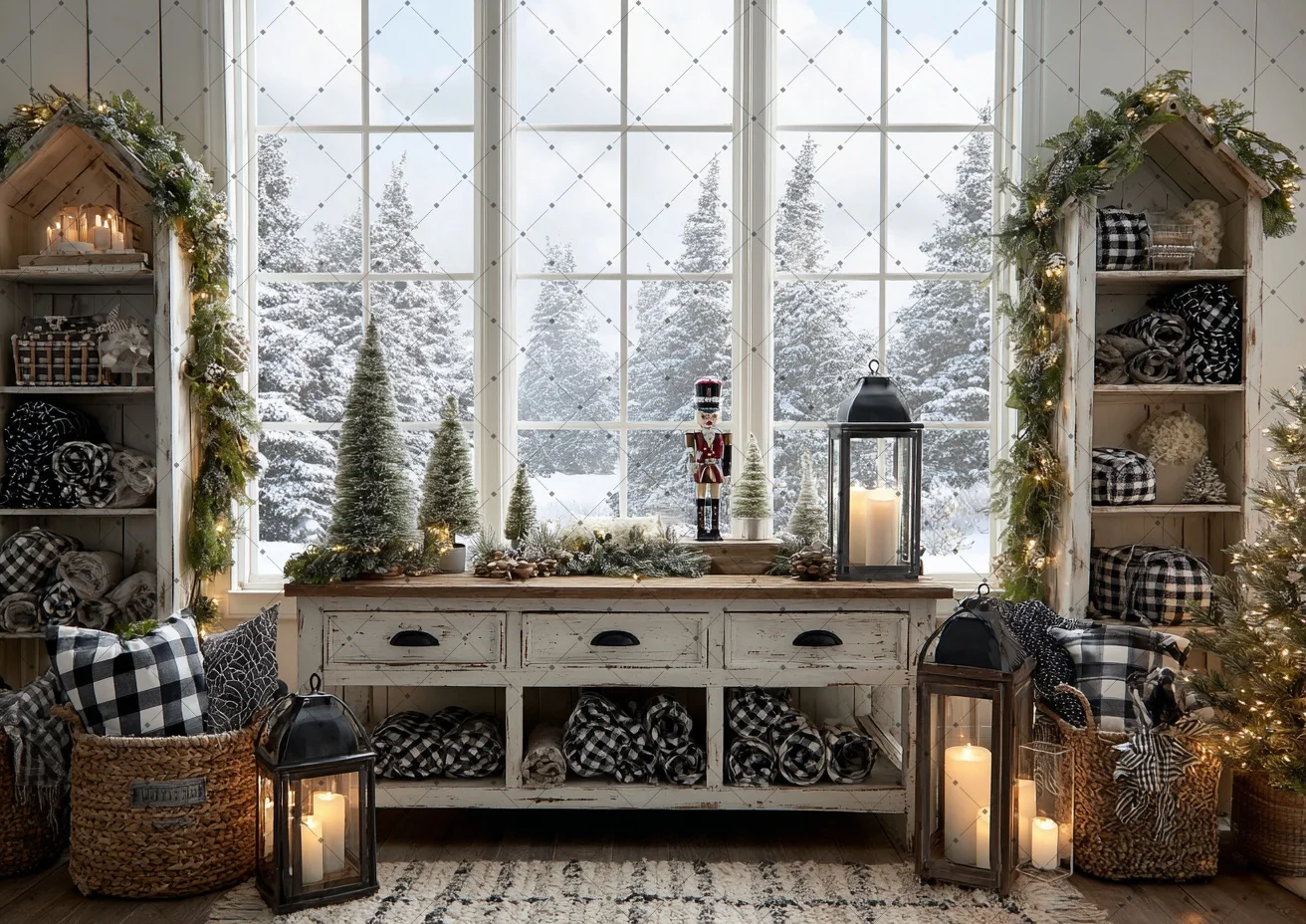 White Rustic Xmas Backdrop Snowy Mountain View Window Greenery Cabinet Lantern Holiday Newborn Photography Shooting Background