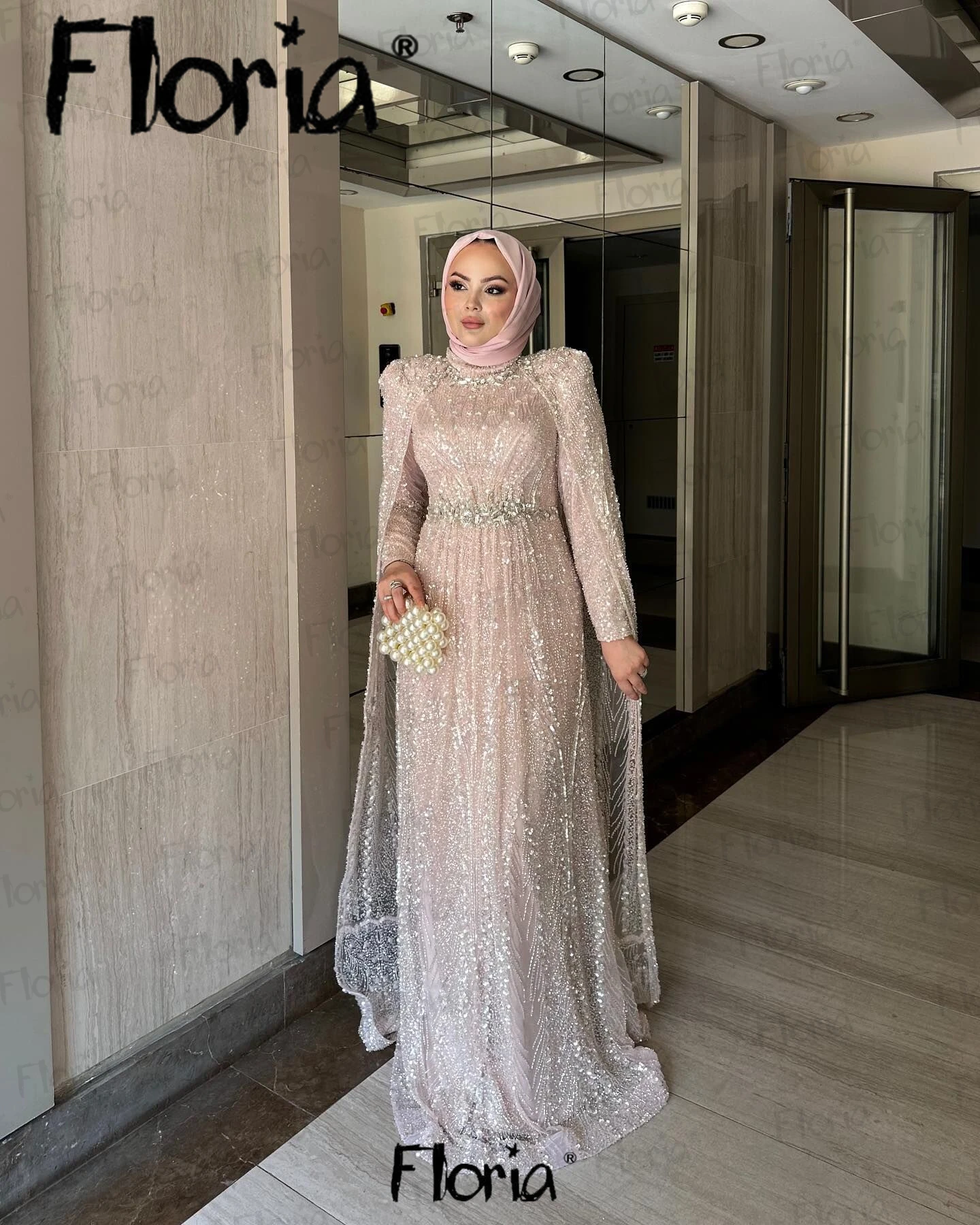 East Middle Long Sleeve Pink Evening Dresses Cape Sleeve A Line Wedding Party Gowns Plus Size Vestido Boda Invitada Elegante