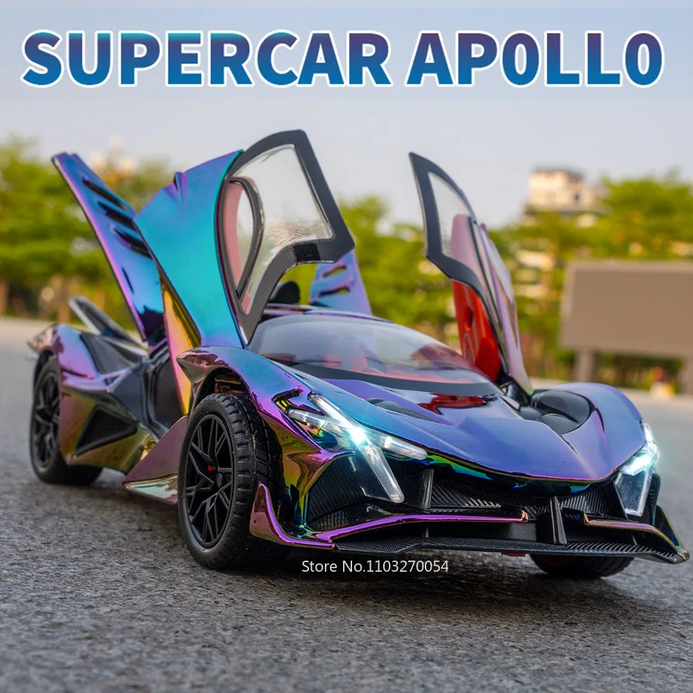 1:24 Apollo EVO IE Modello di auto sportiva in lega Diecast Toy Suono Luce Tirare indietro Porte aperte Veicolo in miniatura Regalo di compleanno per bambini