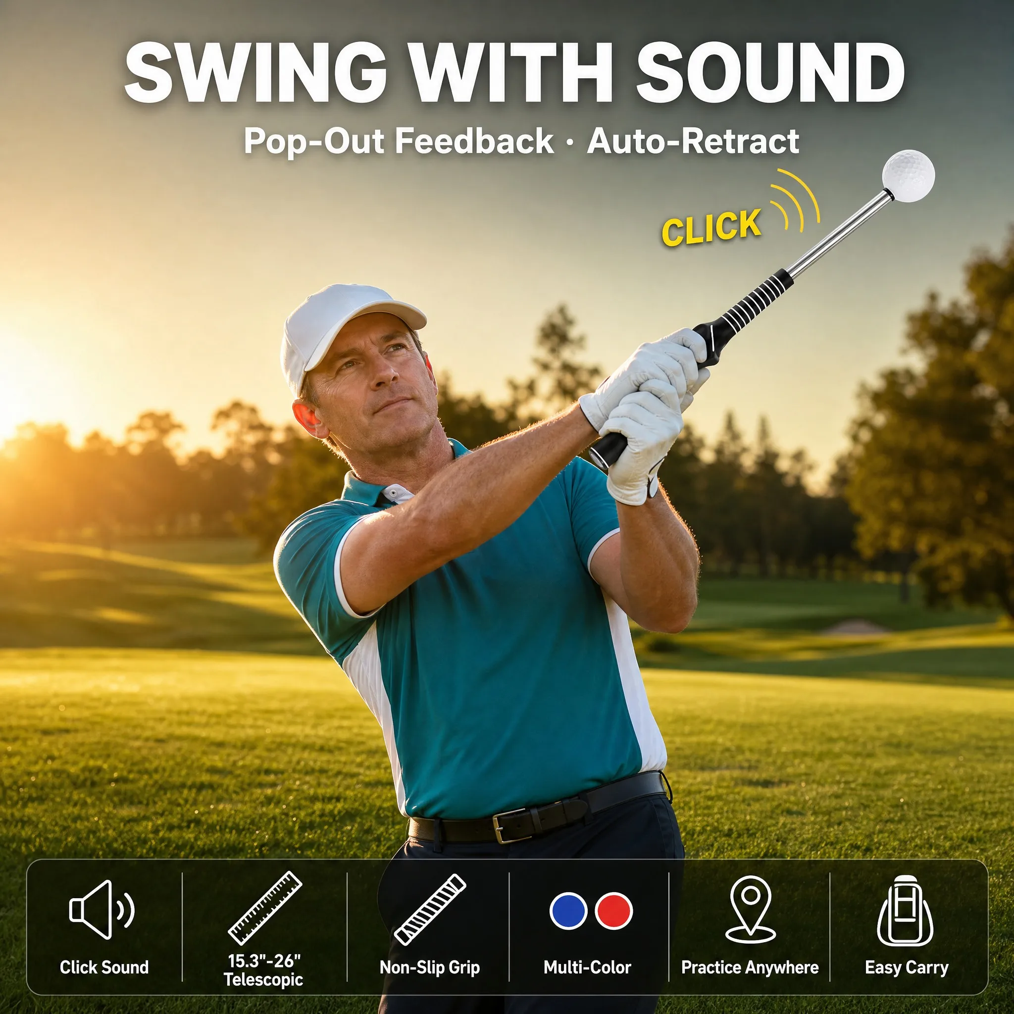 Rhythm Click Sound Telescopic Golf Swing Trainer Correcting Gesturer Training Aid For Strength and Rhythm Training Practice