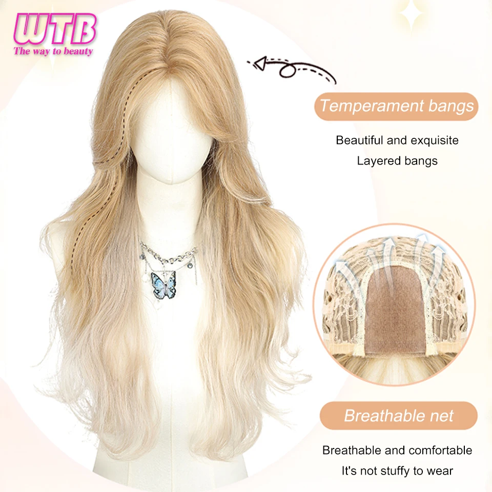 Perucas sintéticas com Franja para mulheres, ombre, leve, loira, longa, ondulada, cabelo encaracolado, peruca cosplay, alta temperatura, natural, cabelo falso